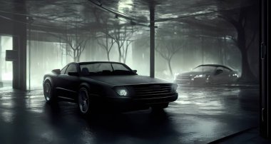 Car at night in a mysterious moody scene. Digital art painting for book illustration,background wallpaper, concept art.