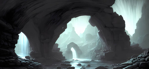 Portal in stone arch landscape.Digital painting for book illustration,background wallpaper, concept art.