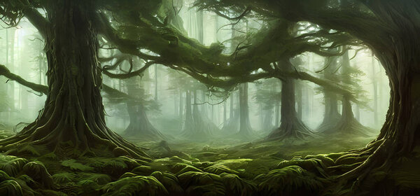 An image of a wooded forest area, forest concept art. Digital painting for book illustration,background wallpaper.