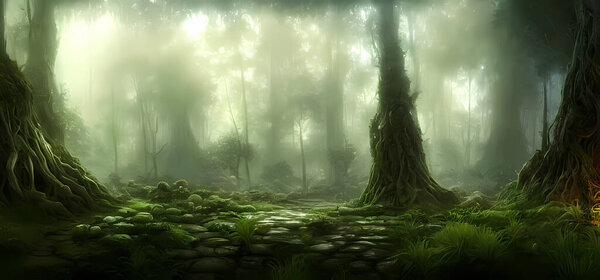 Beautiful magical forest fabulous trees. Forest landscape.Digital art painting for book illustration,background wallpaper, concept art.