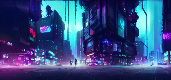 Cyberpunk neon city night. Futuristic city scene in a style of cyberpunk art. Retro future illustration. Urban scene. Digital art painting for book illustration,background wallpaper, concept art.