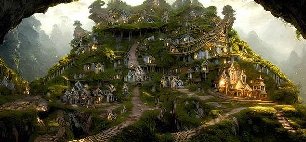 Ancient Fantasy Surreal Magical Forest Elven Kingdom Digital Art Painting — Stok fotoğraf