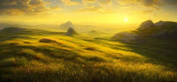 Rural Summer Landscape Hills Background Digital Art Painting Book Illustration — Photo