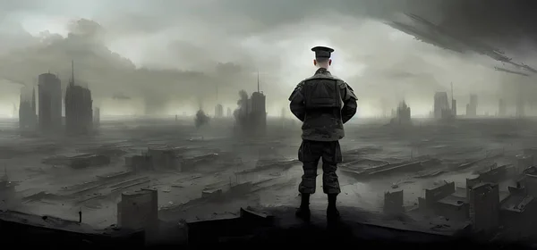A soldier in city ruins war background digital art style, illustration painting
