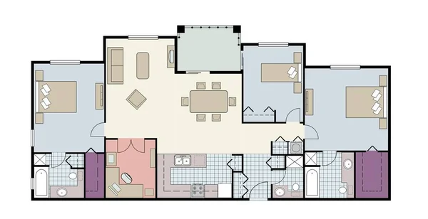 Vector Floor Plano Apartamento Três Quartos Com Sala Mobiliário Banheiros — Vetor de Stock