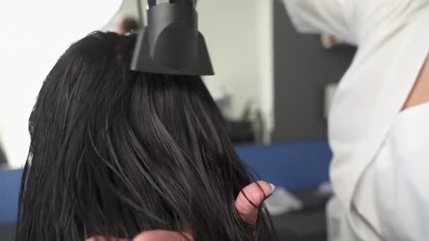 Esteticista Seca Cabeza Con Una Toalla Cliente Fregadero Pelo Negro — Vídeo de stock