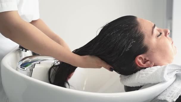 Cosmetologo Lava Testa Della Ragazza Con Shampoo Ulteriori Procedure Capelli — Video Stock