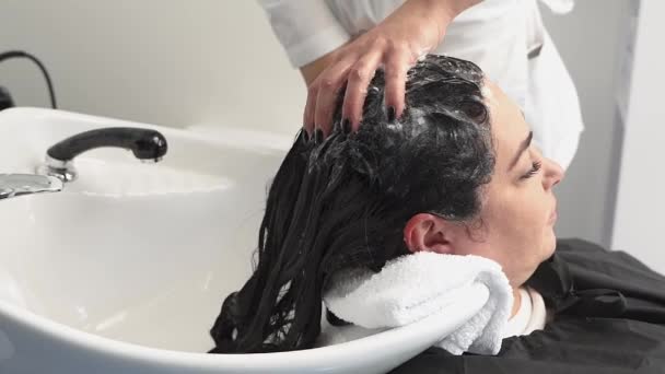 Cosmetologist Washes Girl Head Shampoo Further Procedures Black Hair Size — Stock Video