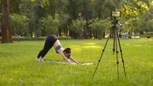 公园里的一个女孩穿着紫色的运动上衣 穿着黑色的腿 站在蓝色的运动垫上 背景是一片草地和树木 在手机上为博客拍摄自己 — 图库视频影像