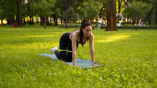 Uma Menina Livre Parque Entra Para Esportes Esporte Top Roxo — Vídeo de Stock