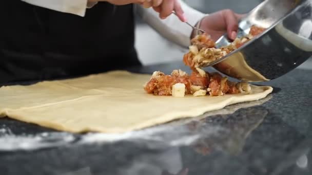 Der Koch Fügt Lachs Und Käse Zum Teig Hinzu — Stockvideo