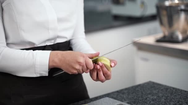 Girl Cleans Apple Knife — Stock Video