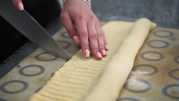 Girl Makes Cuts Dough Knife Making Patterns — Stock Video