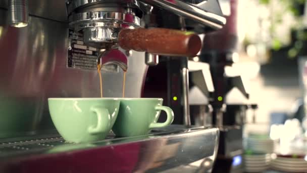 Två Koppar Kaffe Som Strömmade Från Espressomaskin — Stockvideo