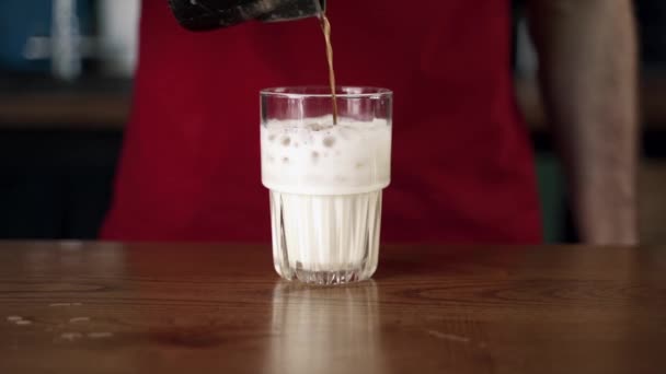 Barista Pours Coffee Glass Milk Ice — Stock Video