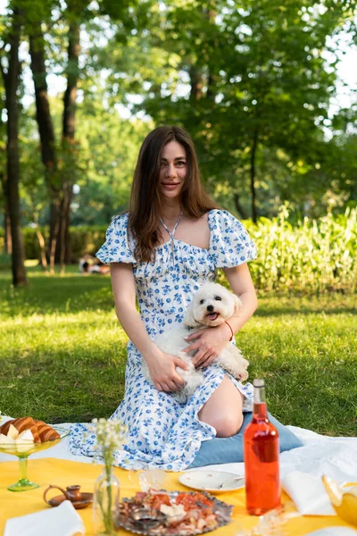 a girl on a picnic holds a dog in a blue dress. In the park