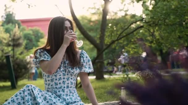 Girl Blue Dress Park Picnic Vacation Drinking Wine — Stock Video