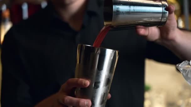 Bartender Prepares Cocktail Bar Club Pours Alcohol Syrups Uses Ice — Vídeos de Stock