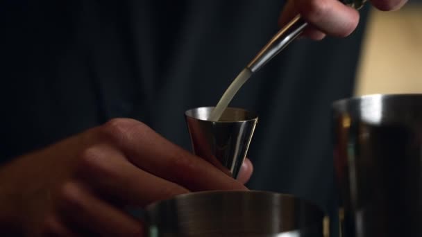 Bartender Prepares Cocktail Bar Club Pours Alcohol Syrups Uses Ice — Stock Video