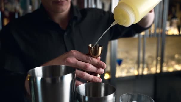 Bartender Prepares Cocktail Bar Club Pours Alcohol Syrups Uses Ice — Stock Video