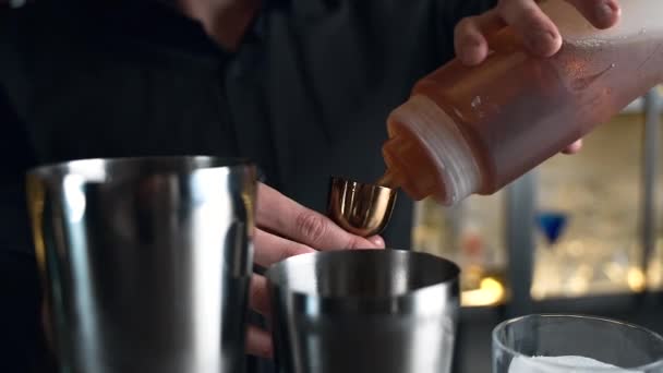 Bartender Prepares Cocktail Bar Club Pours Alcohol Syrups Uses Ice — Vídeos de Stock