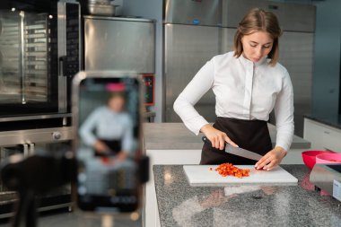 Genç aşçı kız tatlı yapıyor. Tatlı ve kek pişirir. Boşlukları doldurur ve meyveleri hazırlar. Pişirme, tatlı, tatlılar, karmaşık pişirme süreçleri.