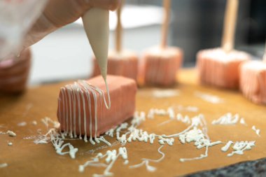 Genç aşçı kız tatlı yapıyor. Tatlı ve kek pişirir. Boşlukları doldurur ve meyveleri hazırlar. Pişirme, tatlı, tatlılar, karmaşık pişirme süreçleri.