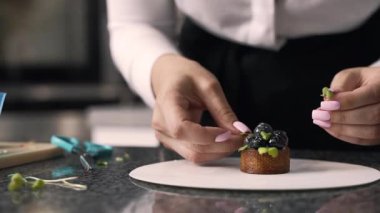 Genç aşçı kız tatlı yapıyor. Tatlı ve kek pişirir. Boşlukları doldurur ve meyveleri hazırlar. Pişirme, tatlı, tatlılar, karmaşık pişirme süreçleri.