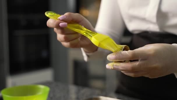 Young Girl Chef Makes Desserts Bakes Sweets Cakes Makes Blanks — Stock Video