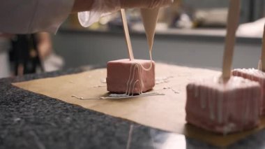 Genç aşçı kız tatlı yapıyor. Tatlı ve kek pişirir. Boşlukları doldurur ve meyveleri hazırlar. Pişirme, tatlı, tatlılar, karmaşık pişirme süreçleri.