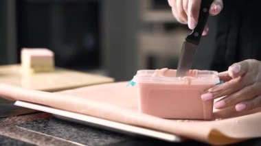 Genç aşçı kız tatlı yapıyor. Tatlı ve kek pişirir. Boşlukları doldurur ve meyveleri hazırlar. Pişirme, tatlı, tatlılar, karmaşık pişirme süreçleri.