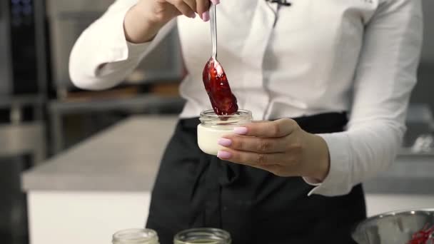 Young Girl Chef Makes Desserts Bakes Sweets Cakes Makes Blanks — Stockvideo
