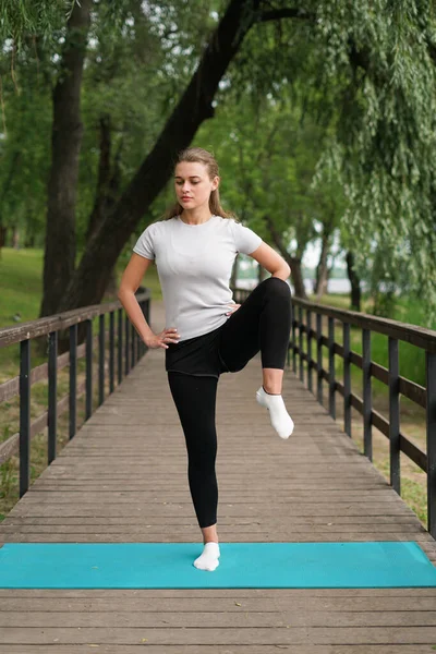 Ragazza Sport Stretching Nel Parco Sul Ponte — Foto Stock