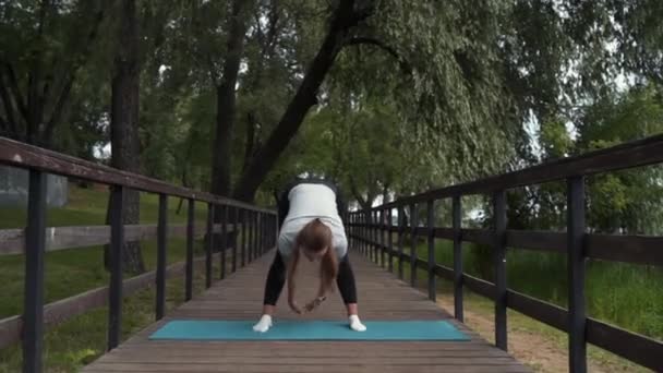 Chica Entra Los Deportes Hace Estiramiento Parque Puente — Vídeos de Stock