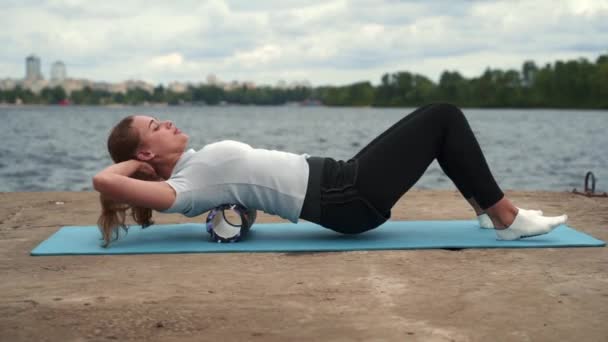 Sports Girl Doing Stretching River — Stock Video