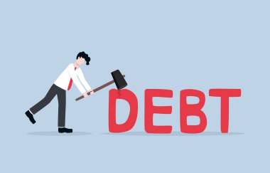 Borç indirimi, finansal yükümlülüksüz konsept veya olumlu finansal durum iade kavramı. Borçtan kurtulma metaforu için çekiç kullanan bir işadamı.