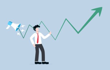 Hisse senedi spekülasyonları yapmak veya borsa hisselerini borsa simsarı, açgözlü yatırımcı veya yüksek net sermayeli konsept ile manipüle etmek. İşadamı yatırımcı megafondan yükselen hisse grafiğini duydu.