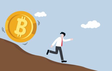 Bitcoin price falling down sharply put investor in dilemma, extremely high cryptocurrency volatility concept. Businessman run away unexpectedly from big bitcoin which rolling down mountain slope. 