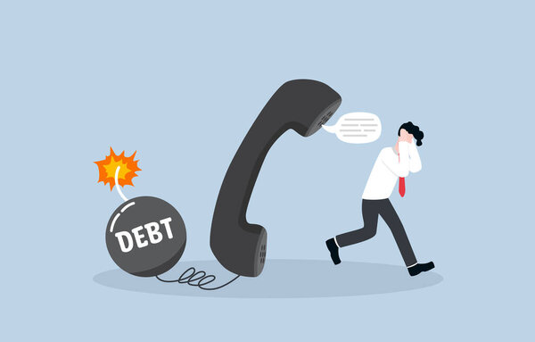 Debt payment notification via phone call, attempt to default on personal debt, loan, or mortgage concept. Depressed businessman running away from giant telephone connected to ignited debt bomb.