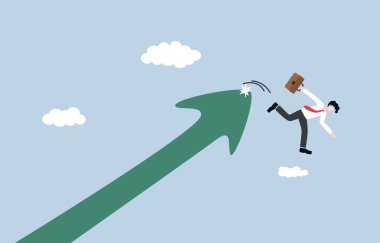 Dikkatle düşünmeden iş ilerlemesinde acele etme tehlikesi, çok fazla acele kavramı nedeniyle daha az verimli çalışma. İş adamı grafikten düşüyor çünkü çok hızlı koşuyor..