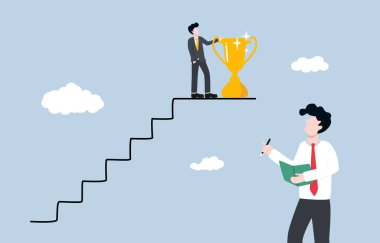 Başarı yolu öğrenmek, kariyer geliştirmek ya da becerilerini arttırmak için rehberlik etmek, gelişim kavramı için iş anlayışını araştırmak. İşadamı, yatırımcı olma yolunda kasten merdiven eğitimi alıyor..