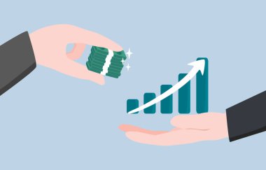 Gelecek vaat eden bir iş satın almak ya da satın almak, devralma konsepti. Girişimci başka bir elde büyüyen çubuk grafik almak için bir tomar banknot verir.