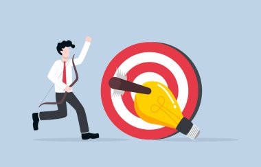 Successful business idea for target, right solution to complete project, winning marketing strategy concept. Businessman shoot arrow precisely at center of target with light bulb idea.