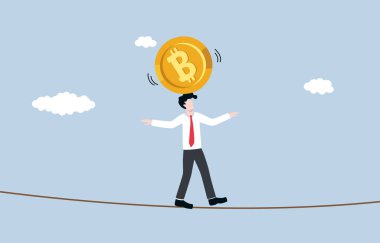 Bitcoin and cryptocurrency high volatility, risk management for fluctuation of digital financial asset concept. Businessman acrobat trying to maintain bitcoin on his head. 