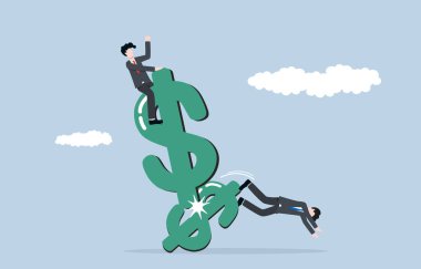 Piyasadaki perakende yatırımcılarını sömürmek, nüfuzlu kişilerden ticaret engeli, iş rekabet konsepti. Büyük işadamı, küçük dolar işaretinden düşen başka bir işadamını dövüyor..