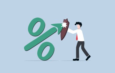 Hükümet veya merkez bankasından yüksek enflasyonu önlemek için önlemler, ekonomi kavramını korumak için federal rezerv politikası. İşadamı ok sembolüyle yüzde yüz yüzleşmek için kalkanı tutuyor.