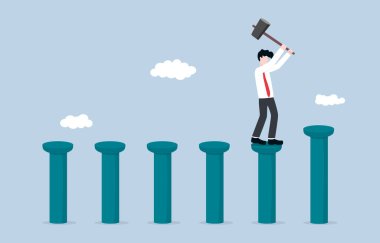 Sağlam bir iş kurumu, iş planı ve yatırım ve risk yönetimi kavramını güvence altına almak için strateji oluşturmak. İş adamı istikrar için çizelge çivisi çakıyor. 