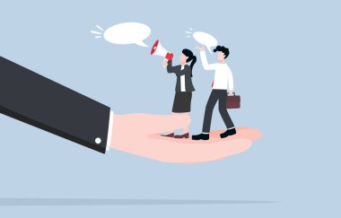 Giving opportunity to employee to share idea, opinion, suggestion, friendly and good listener boss concept. Giant hand supporting employees to speak out their opinions to develop business together.