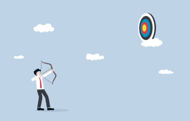 Yüksek iş hedefleri, büyük kazanma hırsı, strateji ve başarı planlama, liderlik konsepti. Okçuluk işadamı okla gökyüzündeki en yüksek hedefi hedefliyor.. 
