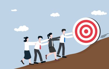 Team effort to win difficult business target or challenge, motivation and encouragement from colleague to complete work concept. Teammates helping together to push target up top of mountain.